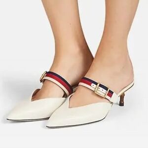 Gucci Sylvie Web Accent Cream White Leather Mules